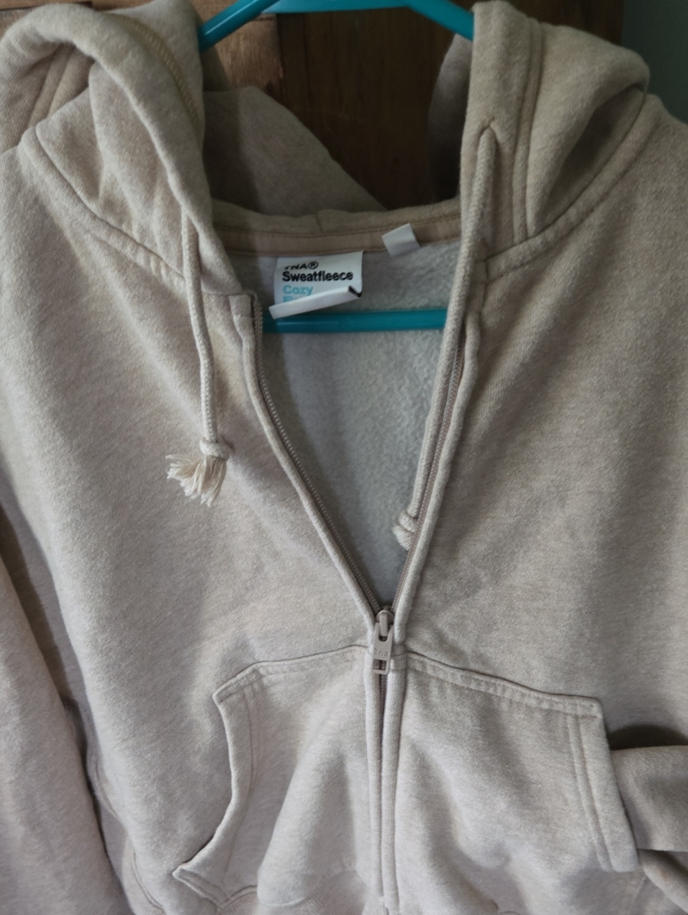 TNA Sweatfleece Crop Full-Zip Hoodie in Light Beige..ptp 21 Inches